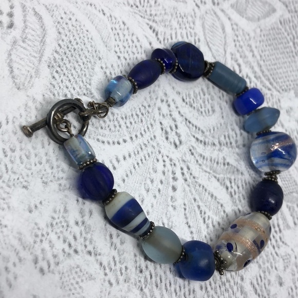 VINTAGE artisan sterling silver art glass murano + sea glass bead bracelet boho - Picture 3 of 4
